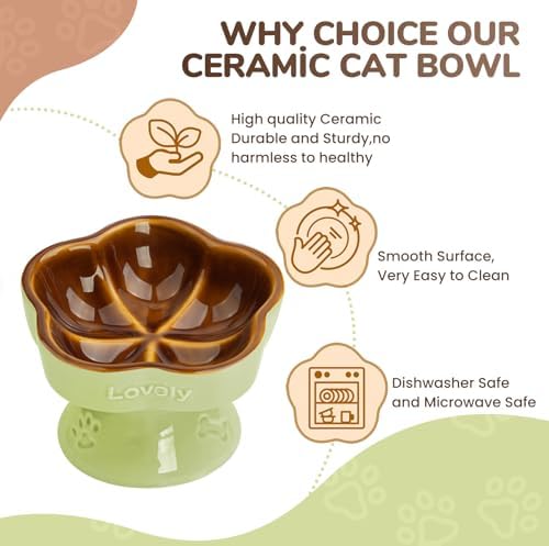 S&Q's CERAMICS Raised Cat Bowl, Elevated Cat Bowl for Food and Water, Ceramic Titled Dish, Anti Vomit & Whisker Friendly, Microwave and Dishwasher Safe (Brown, 5.8") - Image 4