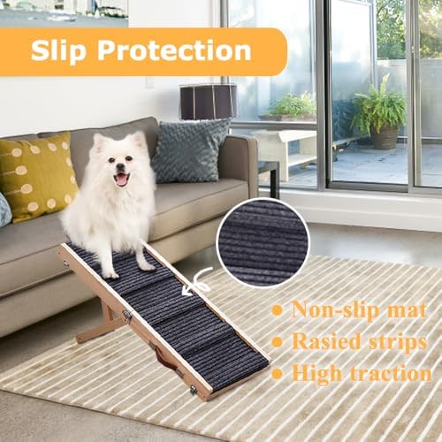 Adjustable Dog Ramp, Portable Folding Pet Ramp, 32" Long Wooden Pet Ramp for Bed with Non-Slip Traction Mat for Small Dogs, Dog Climbing Ladder for Sofa, Bed, Couch, Car (LGPT1, Gray) - Image 2