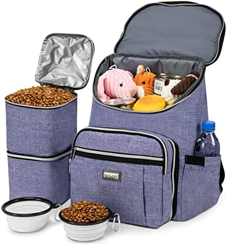 BAGLHER Travel Dog Backpack - Detachable Travel Dog Food Container for Pet Supplies Dog Gear Backpack,Dog Bag for Traveling with 2 Silicone Collapsible Bowls and 2 Food Baskets Purple by BAGLHER