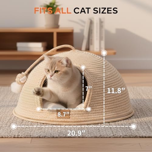 Cat Cave Bed with Washable Cushion and Ball, Handwoven Cotton Rope Cat Basket Bed for Indoor Cats Bed Covered, 3-in-1 Scratching, Playing & Sleeping, All Season Universal(White) - Image 5