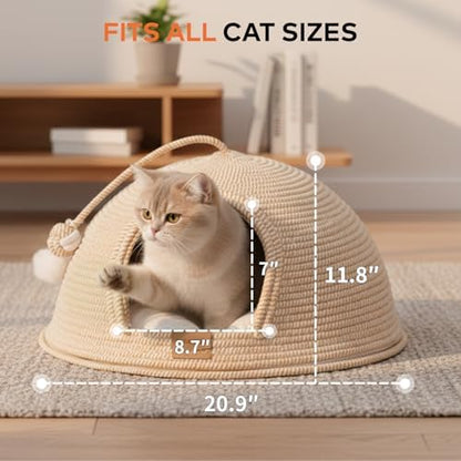 Cat Cave Bed with Washable Cushion and Ball, Handwoven Cotton Rope Cat Basket Bed for Indoor Cats Bed Covered, 3-in-1 Scratching, Playing & Sleeping, All Season Universal(White) - Image 5