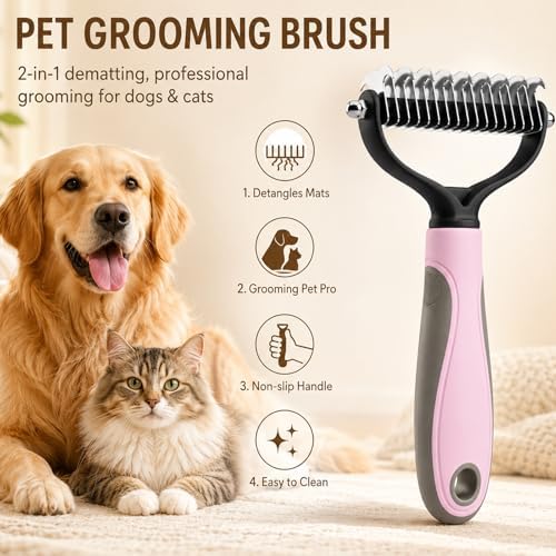 2Pcs Pet Grooming Brush, Pet Knotter Dog Grooming, Deshedding Dog Brush Removes Tangles Knots and Loose Fur, Pets Knotting Comb, Pe t Pro Double Sided Shedding Brush (Blue+Pink) - Image 2
