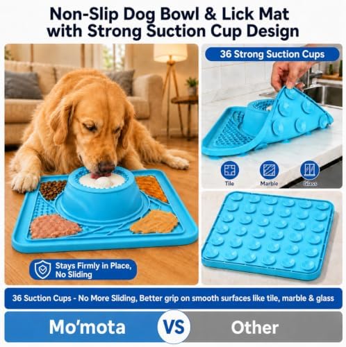 Mo'mota Slow Feeder Dog Bowls, 3-in-1 Freezer-Safe Lick Mat & Rolling Treat Ball, Anti-Spill Feeding Station for Dogs & Cats, 36 Strong Suction Cups, Food-Grade Silicone, Blue - Image 3