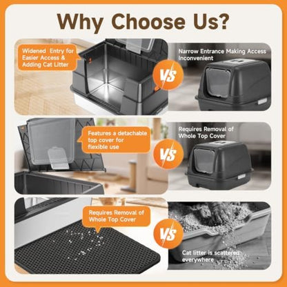 Stainless Steel Litter Box with Lid, High Sided Enclosed Metal Litter Box for Big Cats, Easy Cleaning Anti-Urine Leakage, Non-Sticky Cat Box, Front Entry Top Exit KittyBox, Includes Mat & Scoop - Image 7