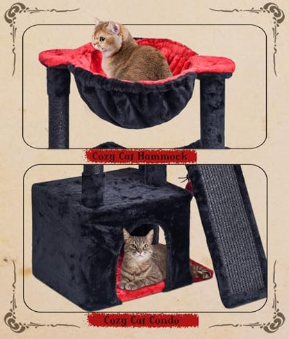 SYANDLVY Gothic Cat Tree for Indoor Cats Large Adult, Modern Activity Tower with Scratching Posts & Board, Condo with Plush Perch, Cradle & Hanging Ball & Spider for Play, Black - Image 4