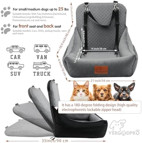Car Dog Seat,Pet Carseats for Dogs up to 30lbs,Safe and Comfy Puppy Travel Car Bed with Storage Pockets and 2 Safety Belt,Ultra Soft Fabric, Easy to Install,Fully Removable Washable the Covered,Grey - Image 3