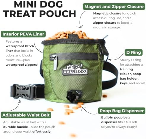 Callieco Mini Dog Treat Pouch with Magnetic & Zipper Closure | Small Waist Belt Training Behavior Aid Bag for Dog Walking with Poop Bag Dispenser (Green) - Image 3