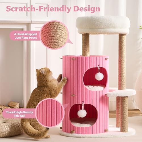 Modern Cat Tree for Indoor Small & Medium Cats, 36" Cat Tower with Scratching Posts, 2 Cozy Cat Caves, Top Perch, Dangling Balls, Washable Cushions, Space-Saving Cat Condo, Pink - Image 2
