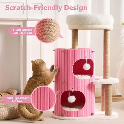 Modern Cat Tree for Indoor Small & Medium Cats, 36" Cat Tower with Scratching Posts, 2 Cozy Cat Caves, Top Perch, Dangling Balls, Washable Cushions, Space-Saving Cat Condo, Pink - Image 2