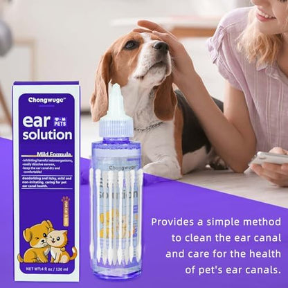 Pets Ear Cleaner for Dogs & Cats, Alleviate Infections, Deodorizing and Itchy, Clean Wax, Mild and Non-irritating, Care for Pet, with 20 Cotton Swabs, 4 fl oz - Image 2
