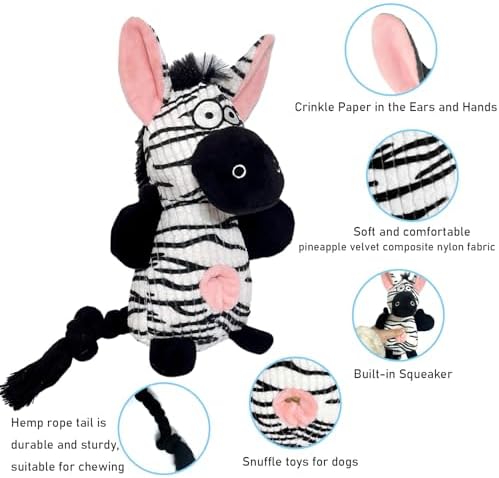 Guiding Star Dog Toys Puppy Toys Cute Pet Toys Squeaky Zebra Dog Toy with Crinkle Paper Plush Dog Stuffed Animals Chew Toy with Cotton Rope Dog Toys to Keep Them Busy for Small Medium Large Dogs - Image 2