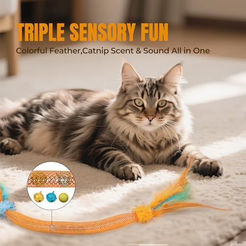Catnip Toys for Cats – 6-Pack Feather Mesh Tubes with Bells, Interactive Chew Set for Indoor Cats & Kittens - Image 2