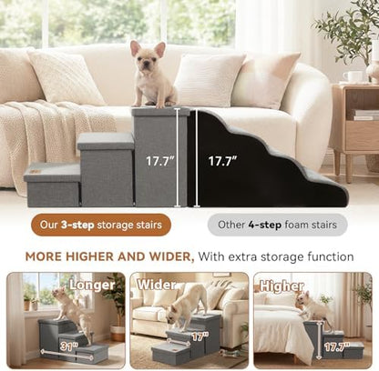 Zerbuger Dog Stairs with Storage, Grey 3 Steps Dog Ramp no Condo for Bed - Image 5