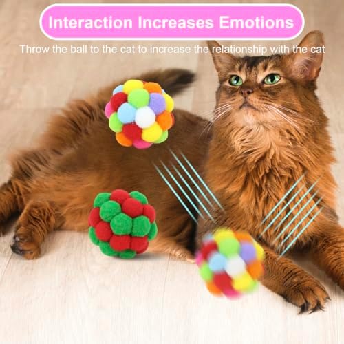 Cat Toys Balls 6 Pieces with Bells 5cm Soft Cat Pom Poms Balls Cats Interactive Ball Toy for Cats Kitten Indoor Outdoor Playing Chewing Scratching (Cat Ball Set 2) - Image 6