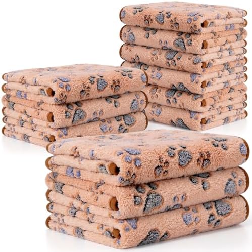 Tegeme 12 Pcs Pet Blankets 41 x 30 Inch Soft Fluffy Fleece Dog Cat Warm Paw Print Pattern Blankets Flannel Throw for Pets Dog Puppy Cat(Camel,Gray) by Tegeme