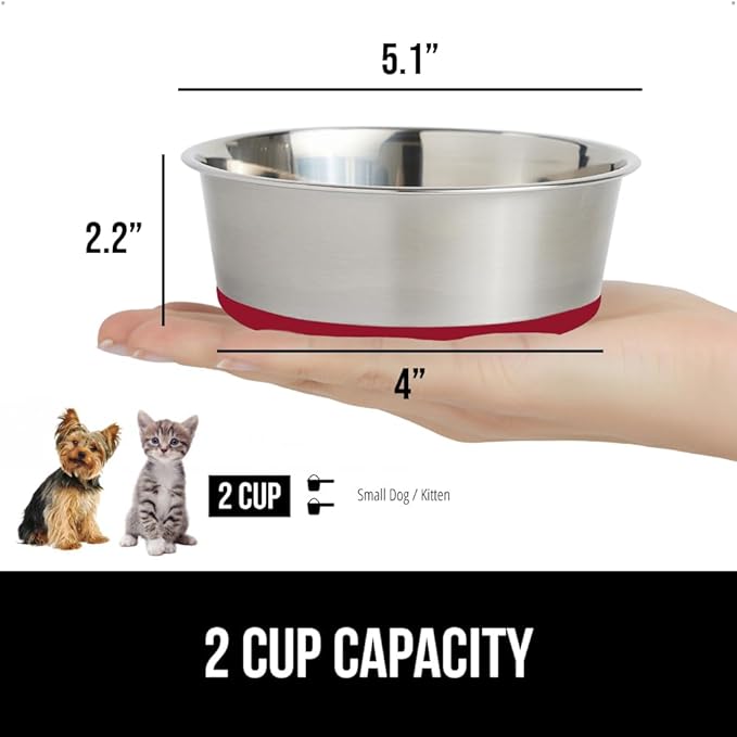 GORILLA GRIP Dog Bowl, Holds 2 Cups (16 fl oz), Food Grade 304 Stainless Steel Food and Water Bowl for Feeding Dogs and Cats, BPA Free Rubber Base, Easy Clean, Dishwasher Safe, Rust Resistant, Red