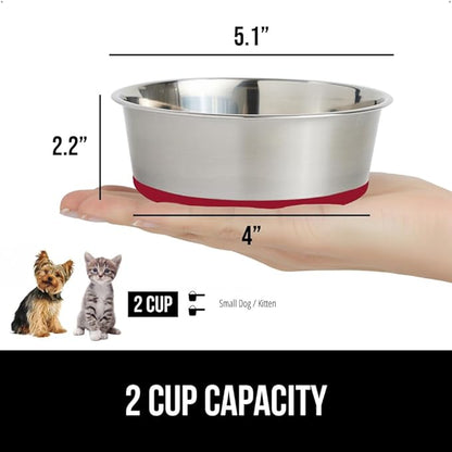 GORILLA GRIP Dog Bowl, Holds 2 Cups (16 fl oz), Food Grade 304 Stainless Steel Food and Water Bowl for Feeding Dogs and Cats, BPA Free Rubber Base, Easy Clean, Dishwasher Safe, Rust Resistant, Red