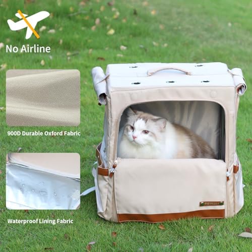 Cat Backpack Carrier for Large Cats, Shaded Waterproof Small Dog Backpack with Breathable Mesh, Soft Side Safety Pet Backpack for Hiking, Travel, Outdoor (Champagne) - Image 3