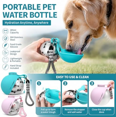 2-in-1 Portable Dog Water Bottle, 10 oz Stainless Steel with Foldable Bowl - Image 6