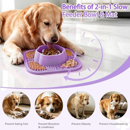 Slow Feeder Dog Bowls and Lick Mat for Dogs, Non-Slip Dog Bowl for Wet and Dry Food with Suction Cups for Slow Feeding & Anxiety Relief for Small to Large Dogs and Cats Purple - Image 2