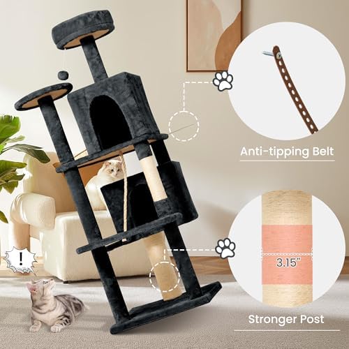 58.5inch Large Cat Tree Tower Condo for Indoor Cats, Soft Plush Multi-Level Climbing Tree Cat House with Cat Cave, Scratching Post, More Entrance/Exit, Sisal Rope, Deep Grey - Image 3