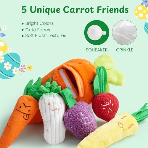 Nocciola Carrot Dog Toys – Easter Squeaky Toys-in-Toys: 5 Small Carrots Inside a Large Plush Carrot with Squeaker & Crinkle Sounds for Small, Medium, Large Breeds, Spring Pet Gifts - Image 3