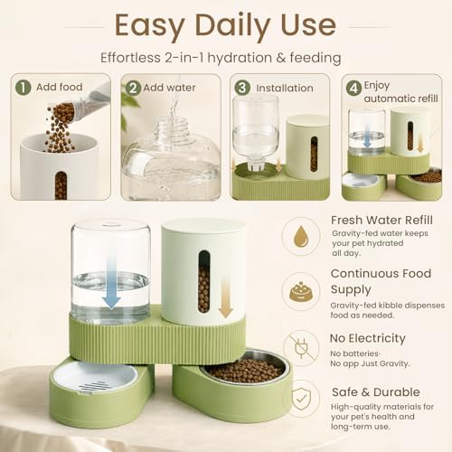 Gravity Cat Feeder 2 Pack Automatic Food Feeder and Water Dispenser Set Detachable Pet Bowl with Silicone Mat for Cats Small Medium Dogs, Large Capacity(Green) - Image 2