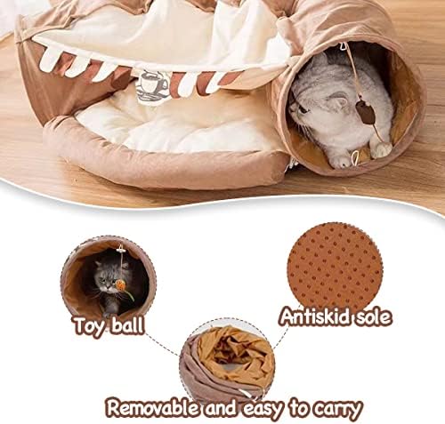 EAEDMY Cat Rabbit Tunnel Bed Nest for Cats Indoor, with Collapsible Washable Soft Cushion, Plush Ball and Exercise Wheel Tube, Fit for Puppy Bunny Kitty Kitten Ferret(2.Coffee) - Image 4