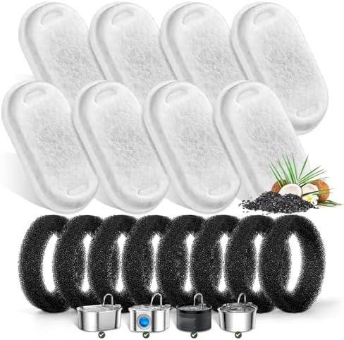 Cat Water Fountain Filters for Stainless Steel 67oz/2L Adjustable Water Flow Pet Fountain, 8 Pack Pet Replacement Filters with 8 Sponges by Monsin