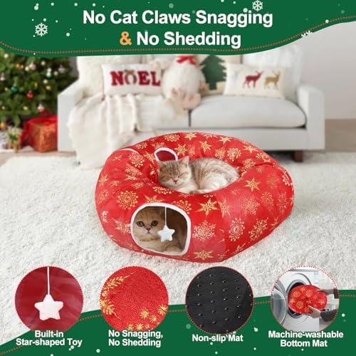 Cat Tunnel Bed for Indoor Cats, L Christmas Tree Skirts Washable Warm Soft Indoor Cat Donut Tunnel, Multifunctional Cat Interactive Playground Toys for Felines Pet Christmas Tree Decoration - Image 5