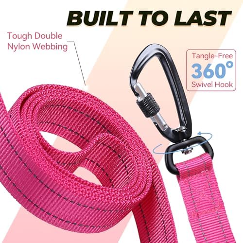 VIVAGLORY Double Handle Dog Leash Twingrip, 4ft x 1in, Pink-Carabiner - Image 4