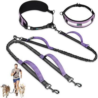 PetAmi Hands Free Double Dog Leash with Padded Lumbar Waist Belt, 360 No-Tangle Swivel Coupler, Bungee Shock Absorbing Dual Leash for Two Dogs Medium Large, Reflective, Purple by PetAmi