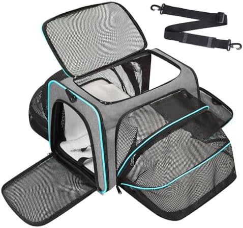 Pet Carrier, Large Soft Sided Expandable Travel Carrier with Steel Frame, Anti-Scratch Mesh, Removable Fleece Pad and Pockets for Cats, Dogs and Small Animals up to 15 lbs (Gray, 5 Sides Expandable) by Handor