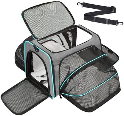 Pet Carrier, Large Soft Sided Expandable Travel Carrier with Steel Frame, Anti-Scratch Mesh, Removable Fleece Pad and Pockets for Cats, Dogs and Small Animals up to 15 lbs (Gray, 5 Sides Expandable) by Handor