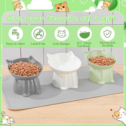 3 Pcs Elevated Cat Bowls 15°Raised Cat Food Bowl with Silicone Mat 3 Colors - Image 3