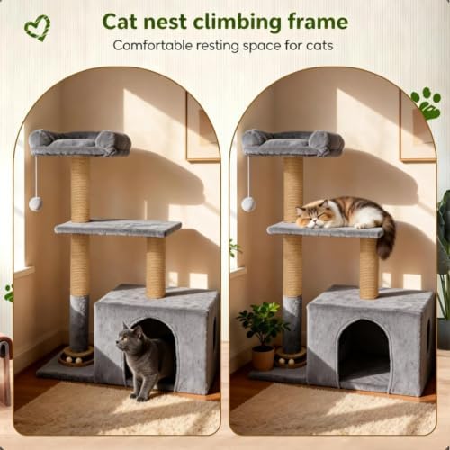 Small Cat Tree for Indoor Cats, Activity Cat Tower with Scratching Post for Kittens, Modern Cat Furniture with Basket & Hanging Ball for Play Rest, Grey - Image 3