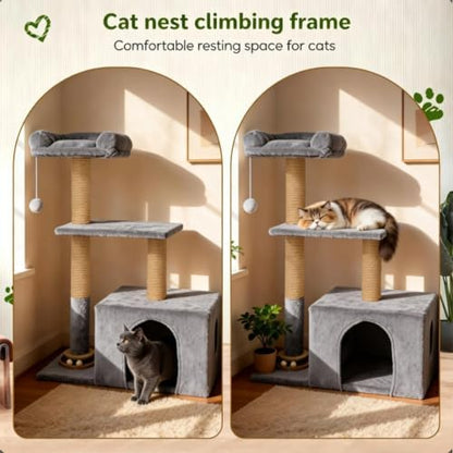 Small Cat Tree for Indoor Cats, Activity Cat Tower with Scratching Post for Kittens, Modern Cat Furniture with Basket & Hanging Ball for Play Rest, Grey - Image 3