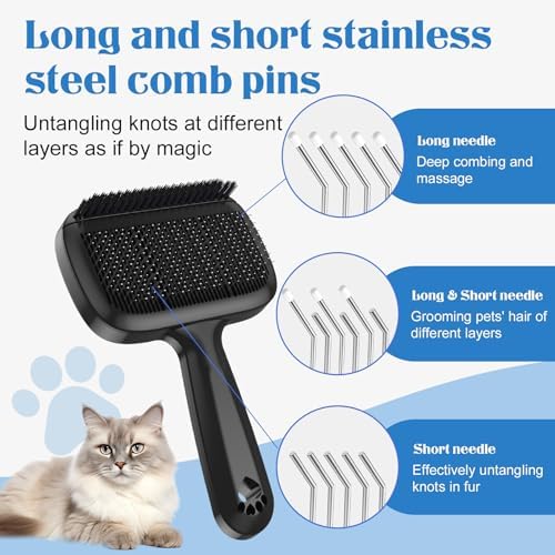 Self Cleaning Dog Brush for Shedding - Bristle Brush and Long/Short Needles Design, Skin Friendly, Slicker Deshedding Dog Brush, Hair Removal for Long & Short Haired Pets (Black) - Image 4