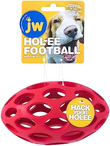 JW Pet HOL-ee Football Dog Puzzle Ball, Medium 6.5in, Natural Rubber Toy by JWPet