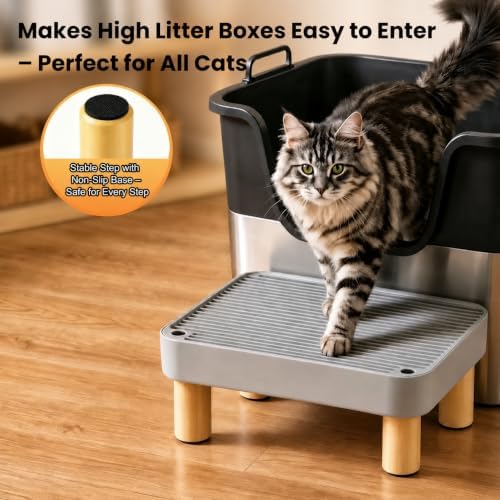 Litter Box Step, Litter Box Ramp/Catcher with Wooden Base, Anti-Tracking & Easy to Clean, Ideal for Big Cats and Automatic Litter Boxes 15.8" x 11.8" x 5.9" (Gray) - Image 5