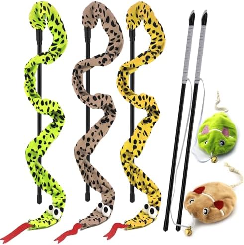 Interactive Cat Toy Wand with Catnip Mouse, Cat Teaser Wand Rainbow String for Bored Indoor Adult Cats and Kittens (5 Pack) by URMYONLY
