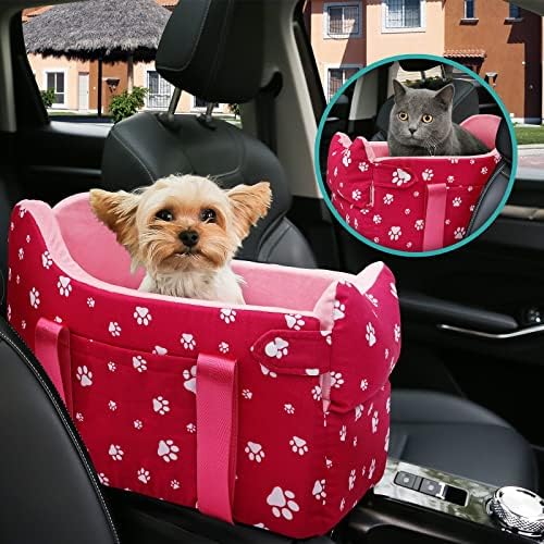 Center Console Dog Car Seat for Small Dogs Under 15 lbs - Detachable Washable Carrier with Safety Belt & Storage Pockets, Pink by HANMEIANINC