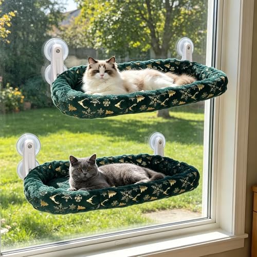 L&W BROS. 2-Pack Foldable Cat Window Perches with Christmas Cushion Bed Easy to Assemble Cats Hammock for Window, Warm Indoor Cat Beds for Large Cats, Edition(M Green) by LWBROS