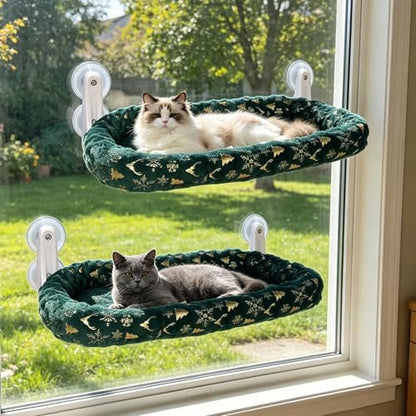 L&W BROS. 2-Pack Foldable Cat Window Perches with Christmas Cushion Bed Easy to Assemble Cats Hammock for Window, Warm Indoor Cat Beds for Large Cats, Edition(M Green) by LWBROS