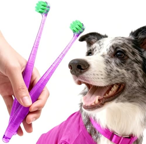Dog Toothbrushes for Medium and Large Dogs&Cats, 2pcs, Ultra Soft Bristle, Long Durable Handle, Pet Tooth Brush and Dental Care Kit, Super Thin Bristle Gentle on Gum for Sensitive Pets, Red Violet by UZENEY