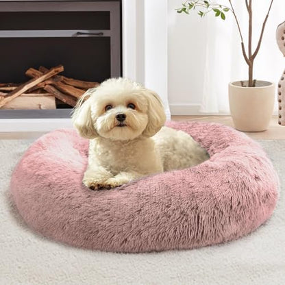 JOLLYVOGUE Calming Dog Bed for Small Dogs - 23 inches Donut Washable Small Dog Bed for Kittens & Puppies, Anti-Slip Round Fluffy Plush Faux Fur Cat Beds (Fits up to 25 lbs Pets, Dark Pink) by JOLLYVOGUE