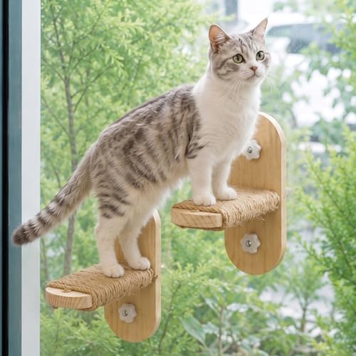PETKARAY Large Cat Window Shelf, Upgraded Window Stairs for Indoor Cats, Sturdy Wooden Steps with Sisal Surface, Easy Access to Perch & Windowsill, 2 Packs by PETKARAY