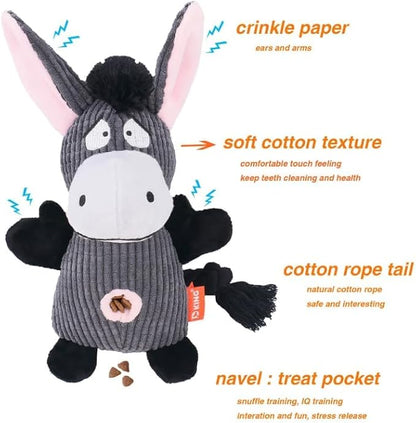 Donkey Squeaky Dog Toy with Crinkle Paper Plush Rope Dog Toy Relief Boredom Dog Toys Treats Feeder Puzzle Pet Toy for Chewer Small Medium Breed Dog