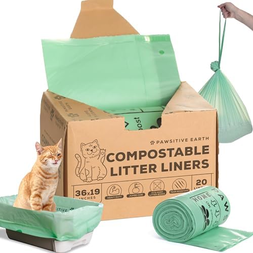 Cat Litter Box Liners 100% Compostable - Drawstring Close - 20 Count - Jumbo Size 36" x 19" - Tear & Leak Resistant - OK Compost Home Certified by Unknown