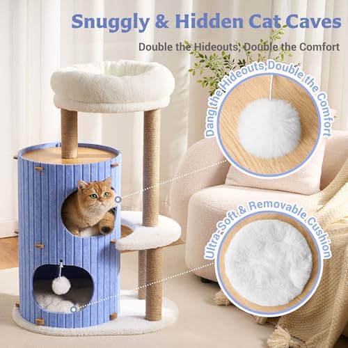 Modern Cat Tree for Indoor Small & Medium Cats, 36" Cat Tower with Scratching Posts, 2 Cozy Cat Caves, Top Perch, Dangling Balls, Washable Cushions, Space-Saving Cat Condo, Blue - Image 2